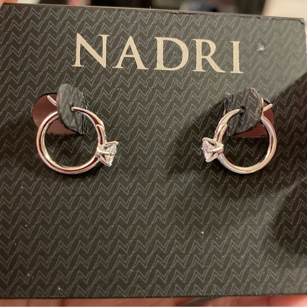 NADRI Rhodium-Plated Cubic Zirconia Huggy Huggies Ring Hoop Earrings NEW NWT